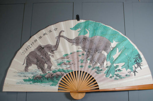 Large vintage Chinese decorative fan with elephants and tropical foliage