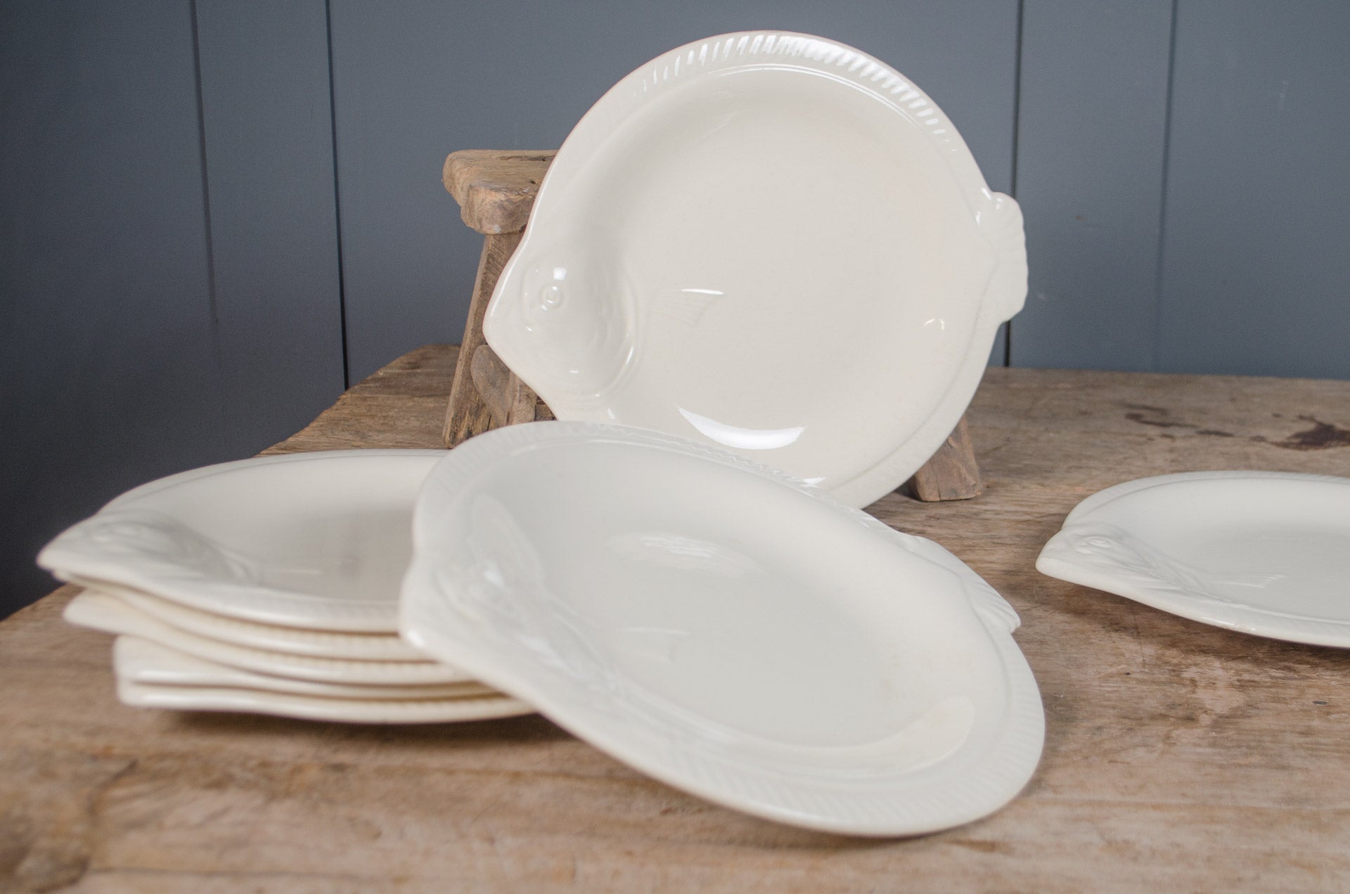 
Vintage Longwy French fish shaped plate in a soft cream glaze with age-related crazing and matching platter available.