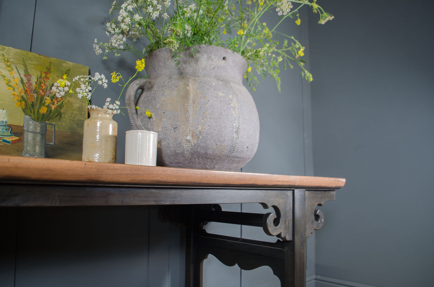 Mid century Chinese console table displayed with a french Ponne salt pot & vintage marmalade jars