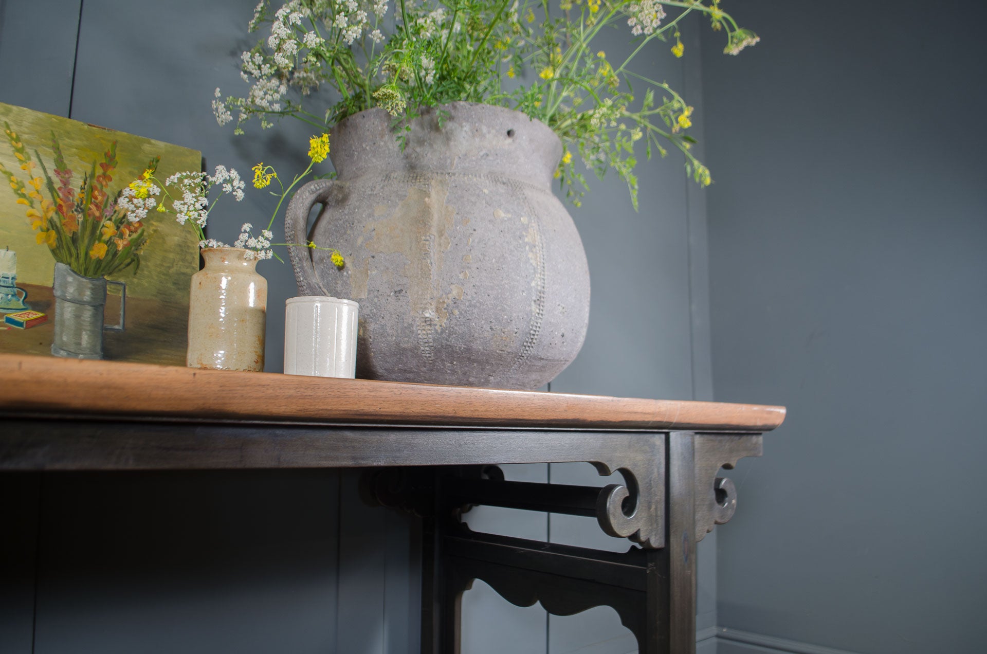 
Mid century Chinese console table displayed with a french Ponne salt pot & vintage marmalade jars