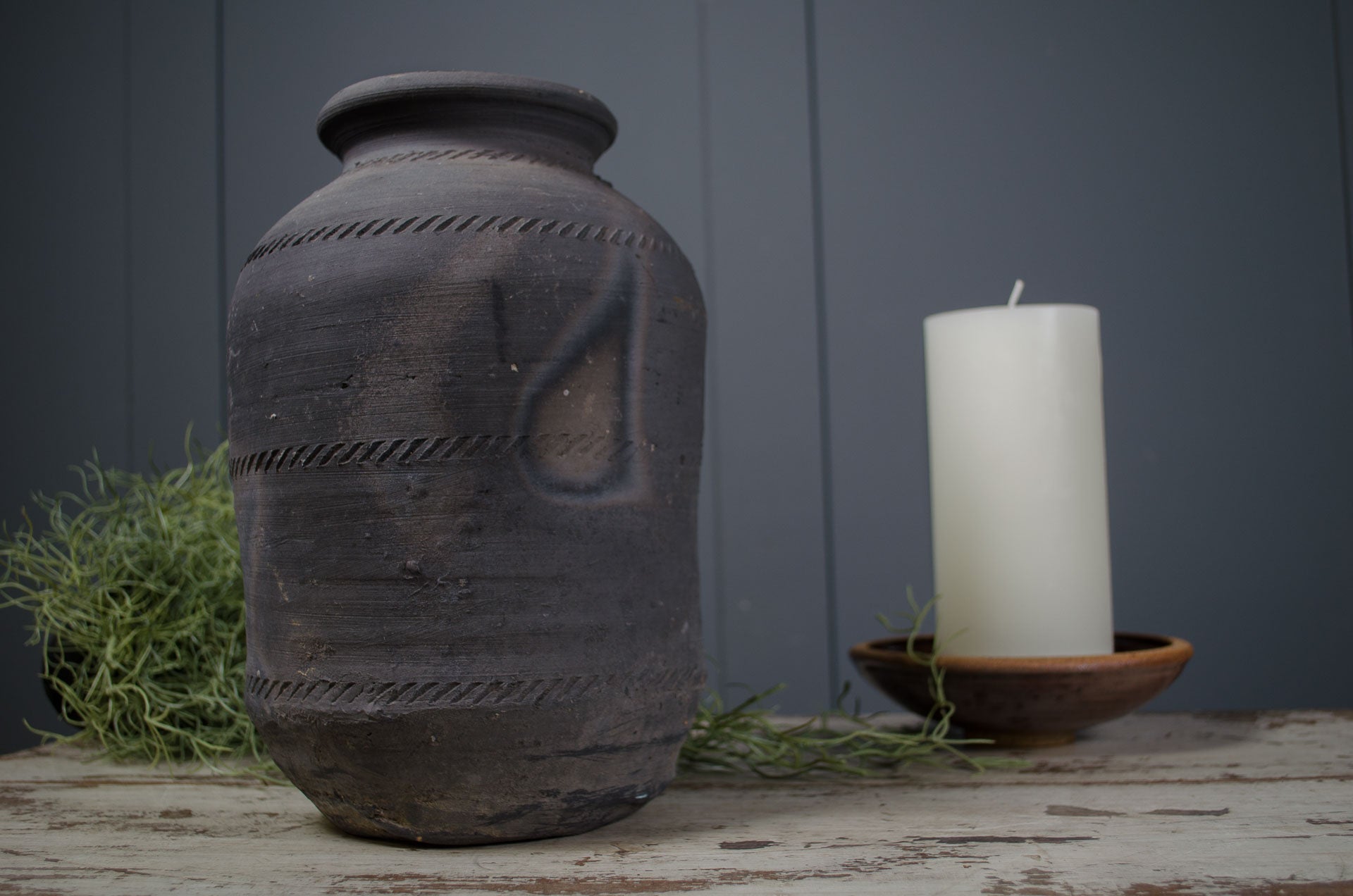 smoke fired black clay pot wabisabi