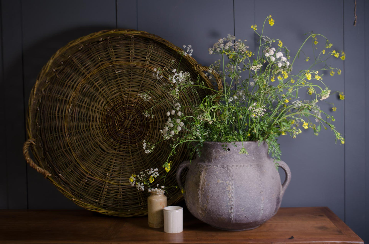 Large French country pottery ponne styled with wildflowers