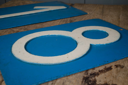 A close-up of a blue rectangular sign with a large white distressed number 8, resting on a rustic wooden surface.