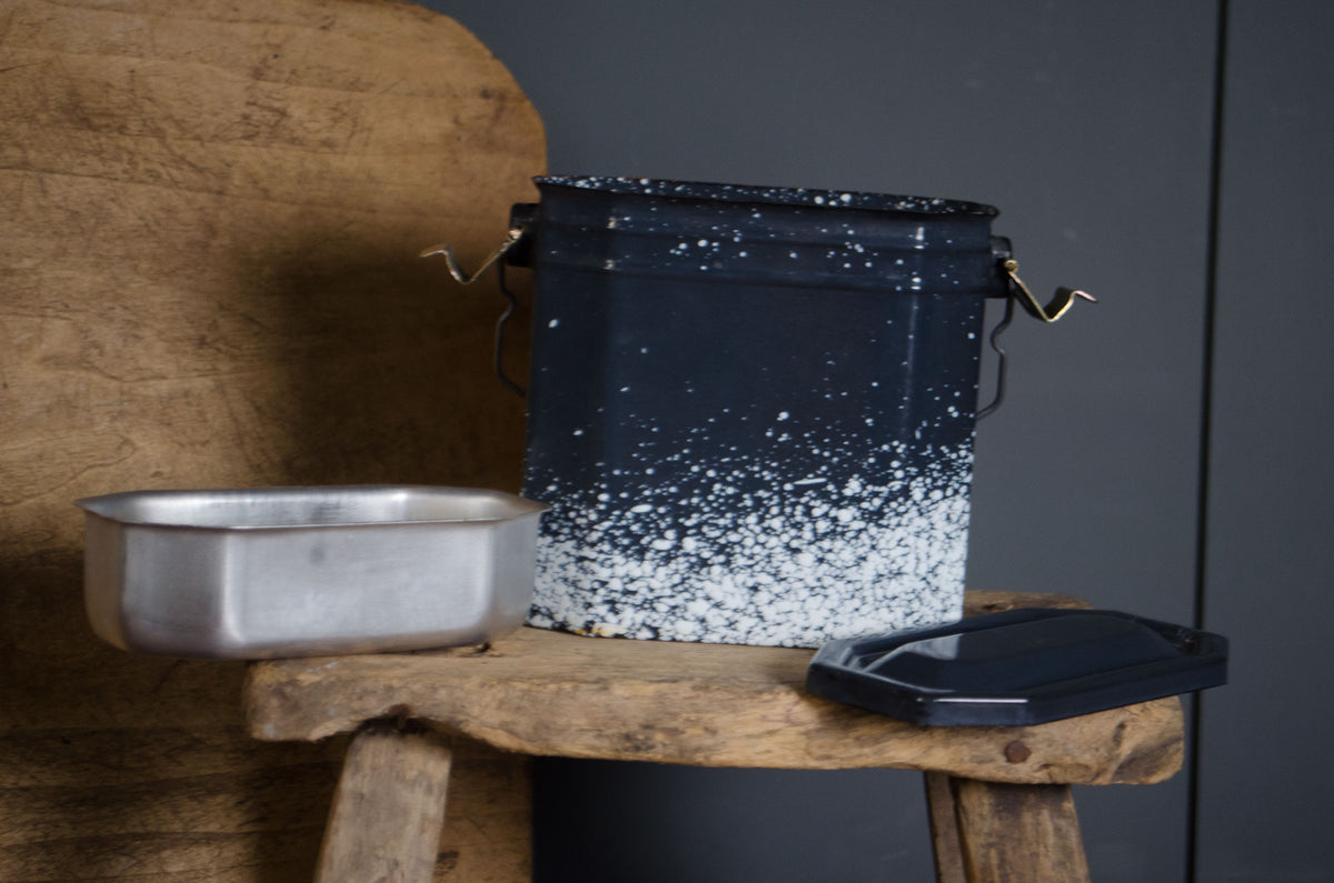 Vintage French splatter enamel storage tins