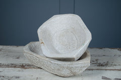 antique stone bowl, hand-carved Indian prep bowl, rustic stone kitchenware, vintage Indian stoneware, traditional grinding bowl, antique kitchen utensil, Indian cooking bowl, farmhouse decor stone bowl, primitive kitchen bowl, authentic Indian antique bowl.