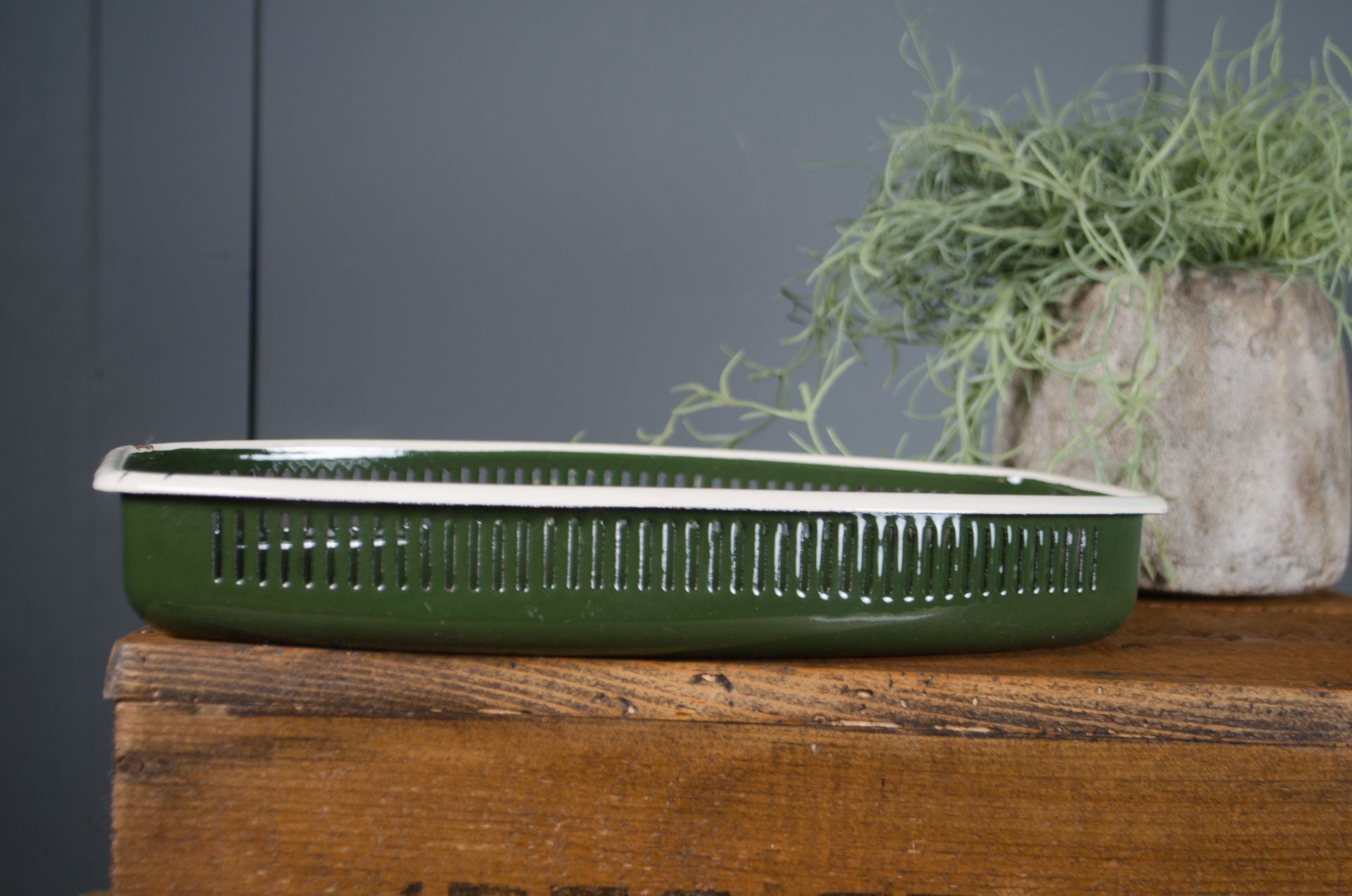 
Green rectangular container on a wooden surface with a plant in the background