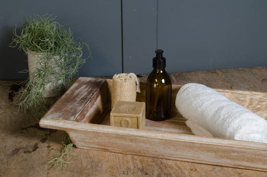 Reclaimed teak wood tray with whitewashed finish