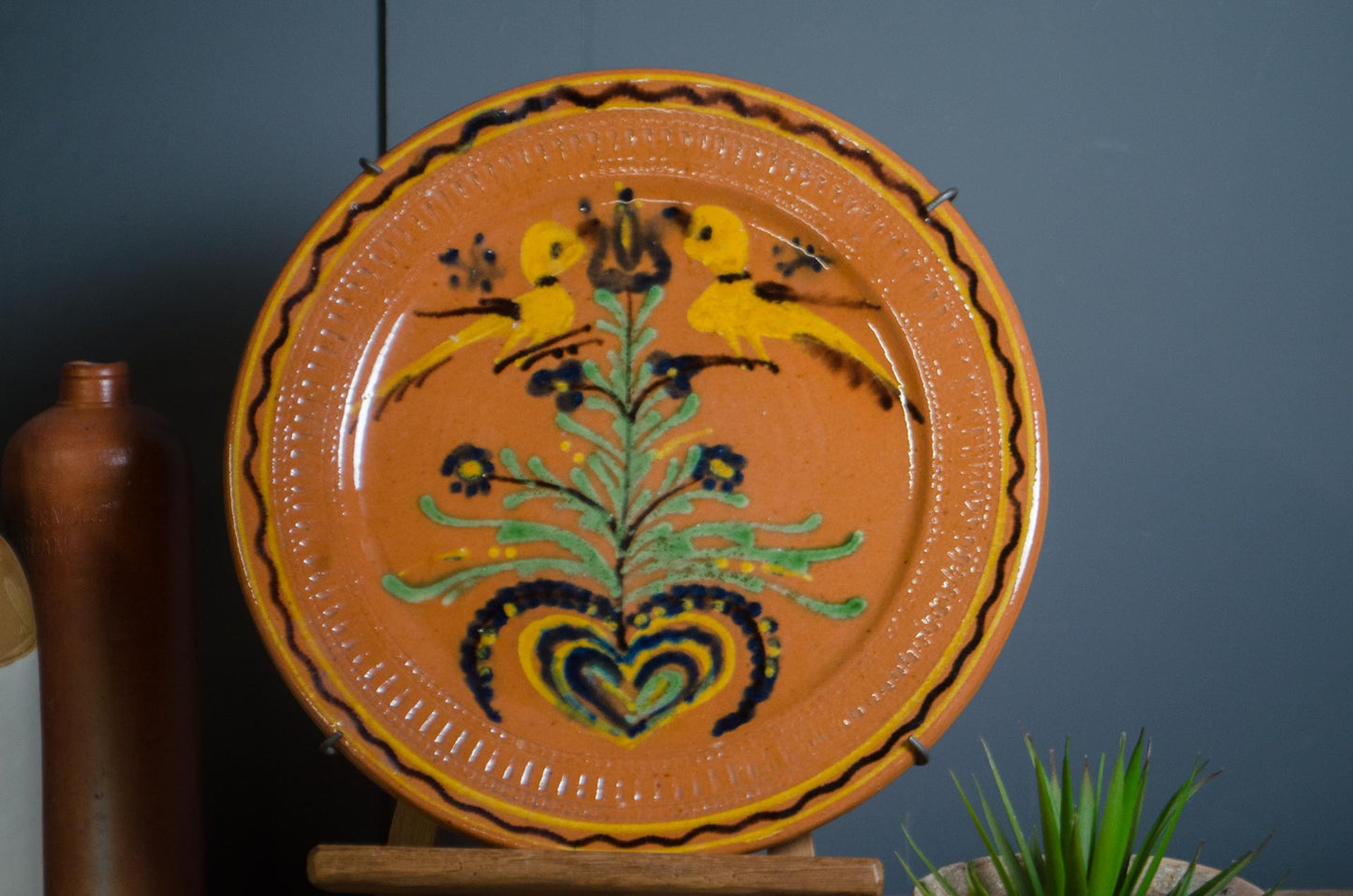 Vintage French folk art terracotta platter with painted birds wedding vintage gift