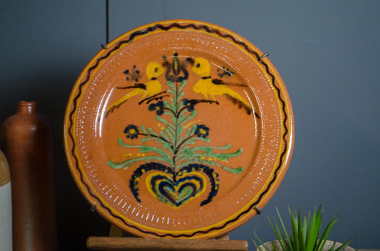 Vintage French folk art terracotta platter with painted birds wedding vintage gift
