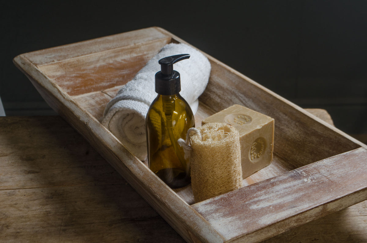 Rustic reclaimed teak bathroom tray for soaps and candles