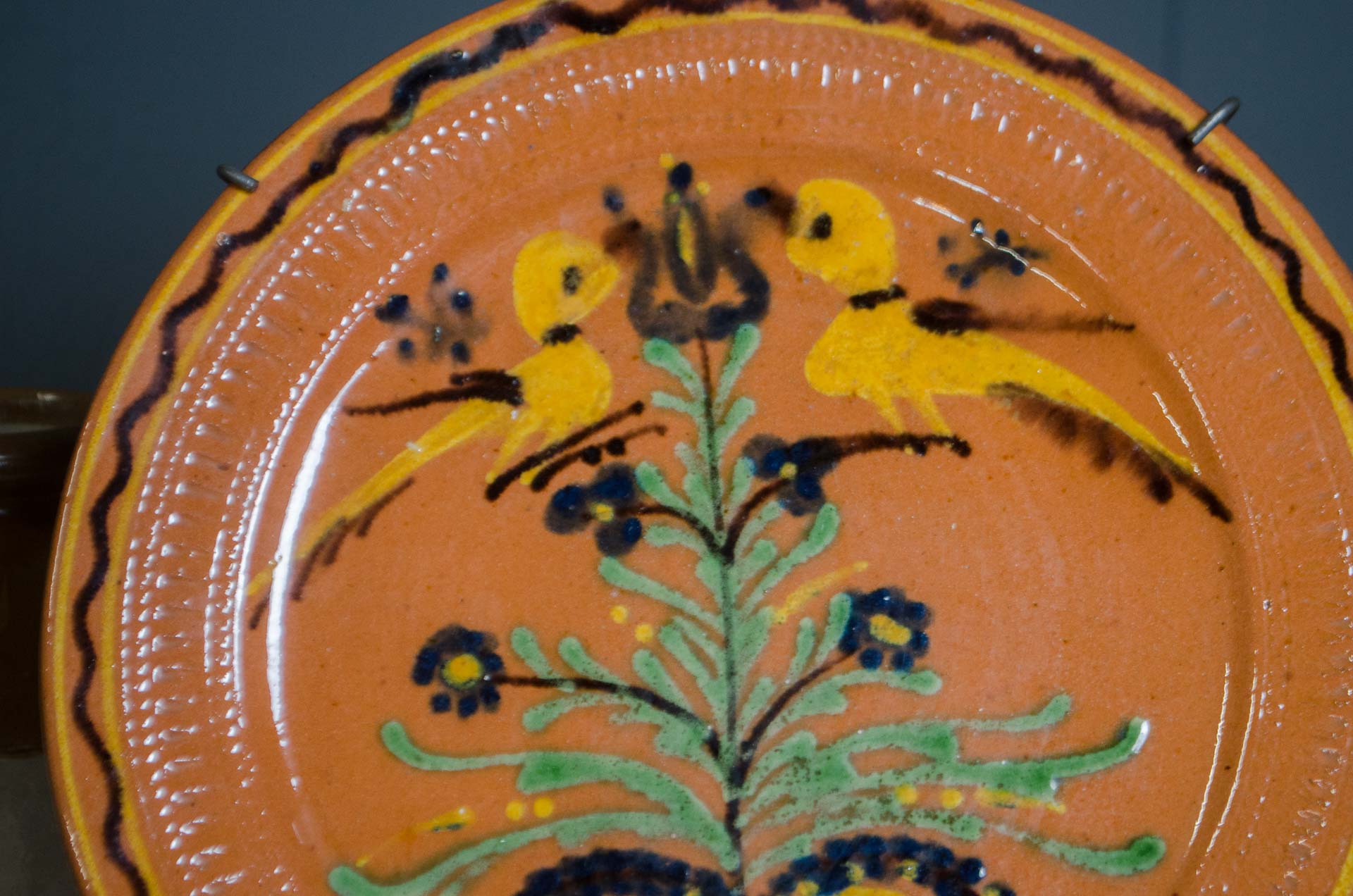 
French terracotta pottery platter with bird and flower decoration