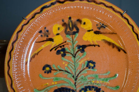 French terracotta pottery platter with bird and flower decoration