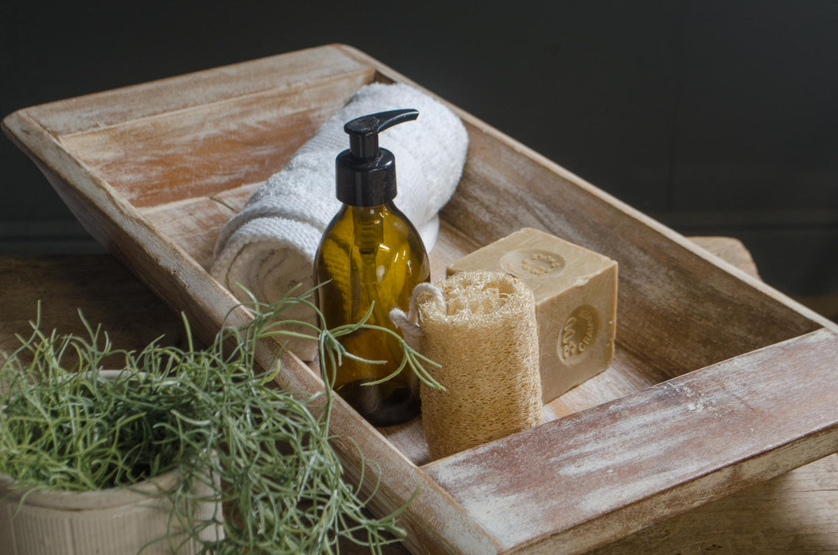 Rustic reclaimed teak bath board tray for soaps and candles
