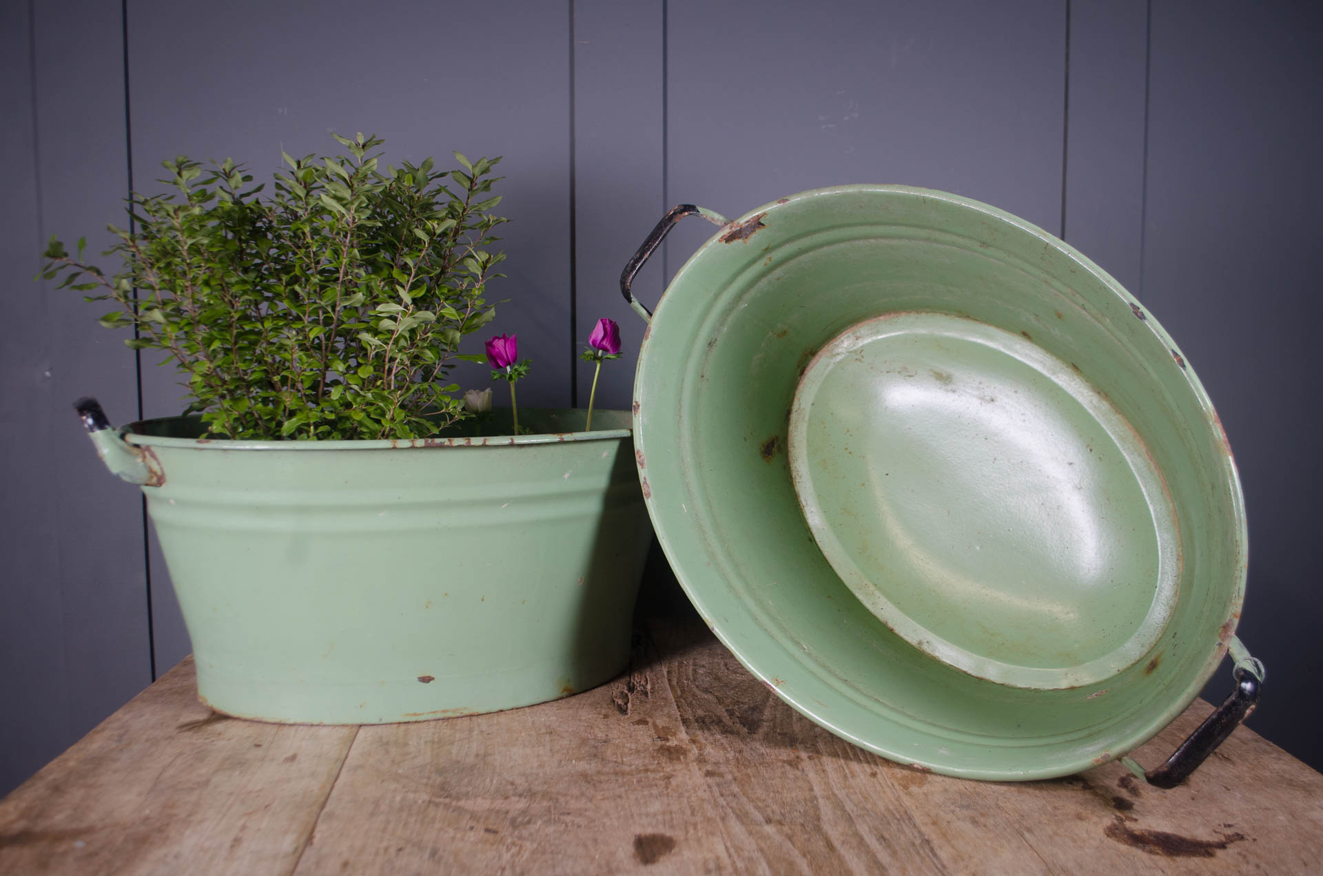 green enamel bath planter