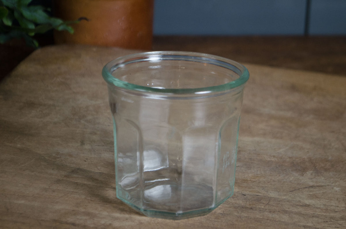 Vintage French glass preserve pots used as tealight holders