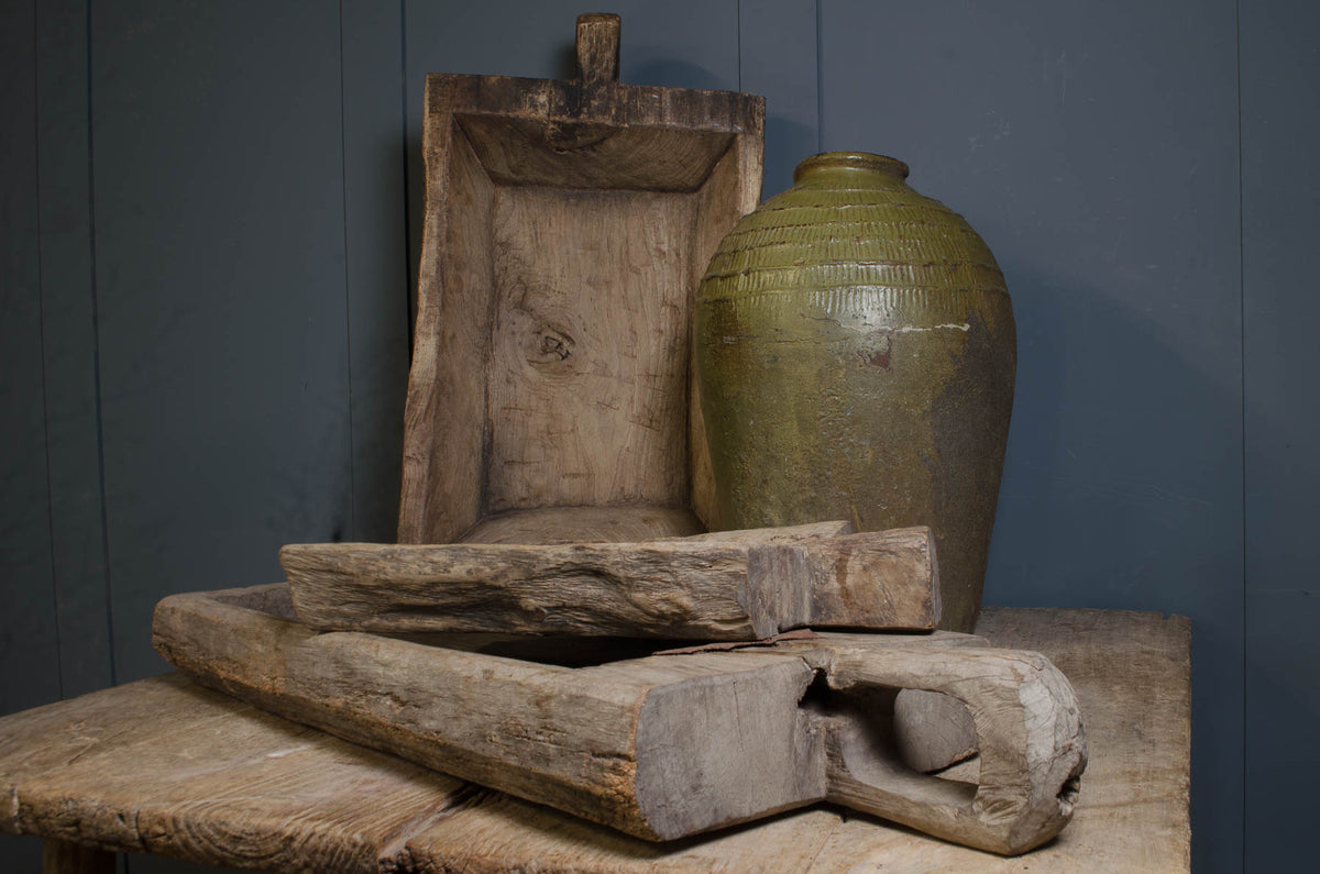 Hand-carved Chinese wooden scoop bowl with short handle