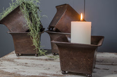 reclaimed iron pots, rustic iron planter, industrial style pots, square iron pot, hexagon iron pot, decorative iron containers, iron pots with ball feet, vintage metal storage pots, iron candle holder pot, farmhouse iron planter.