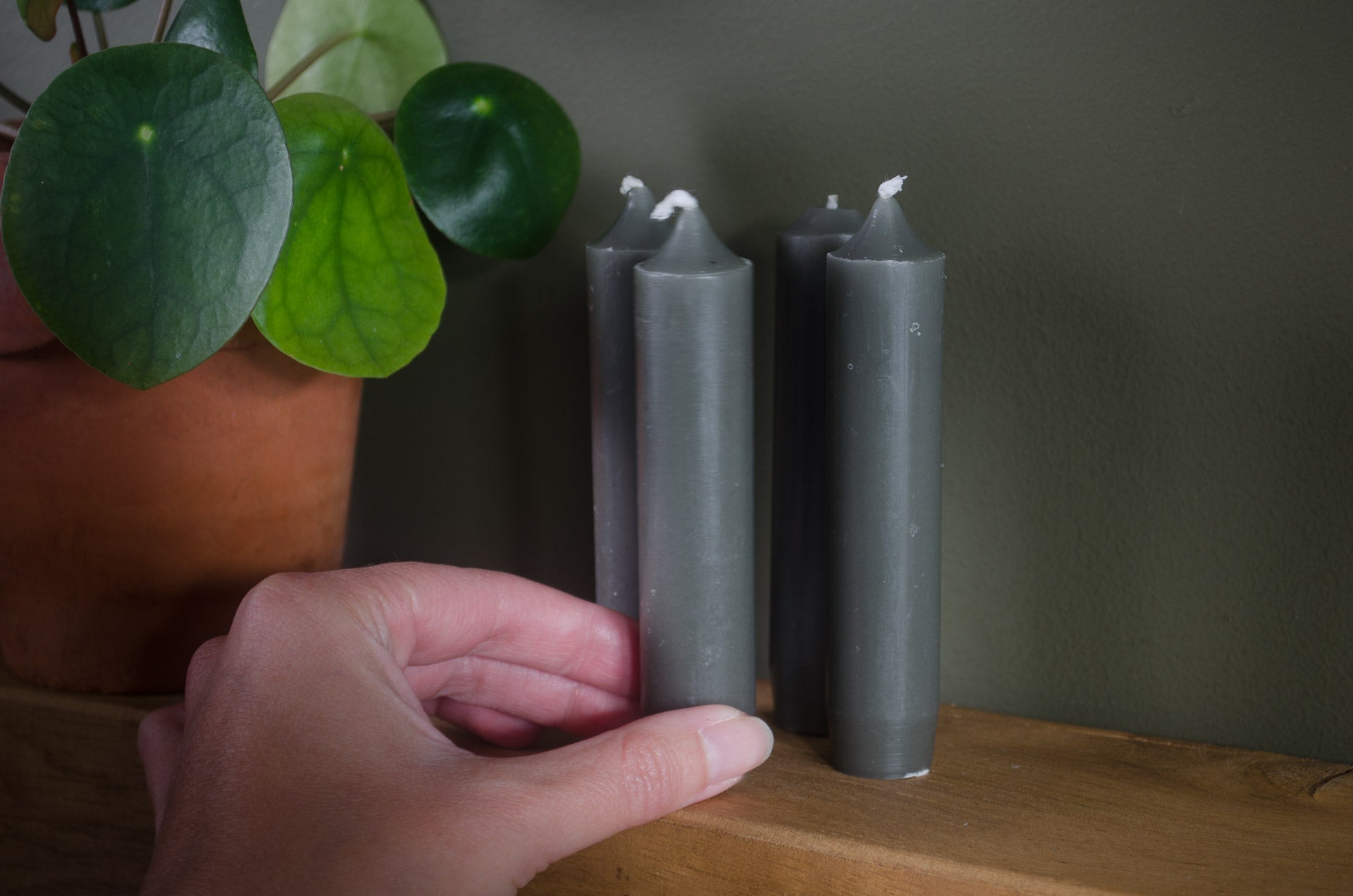 
dark sage green dinner candles