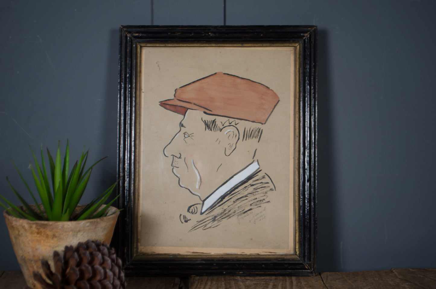 Original French charcoal portrait dated 1960 in black gilt frame