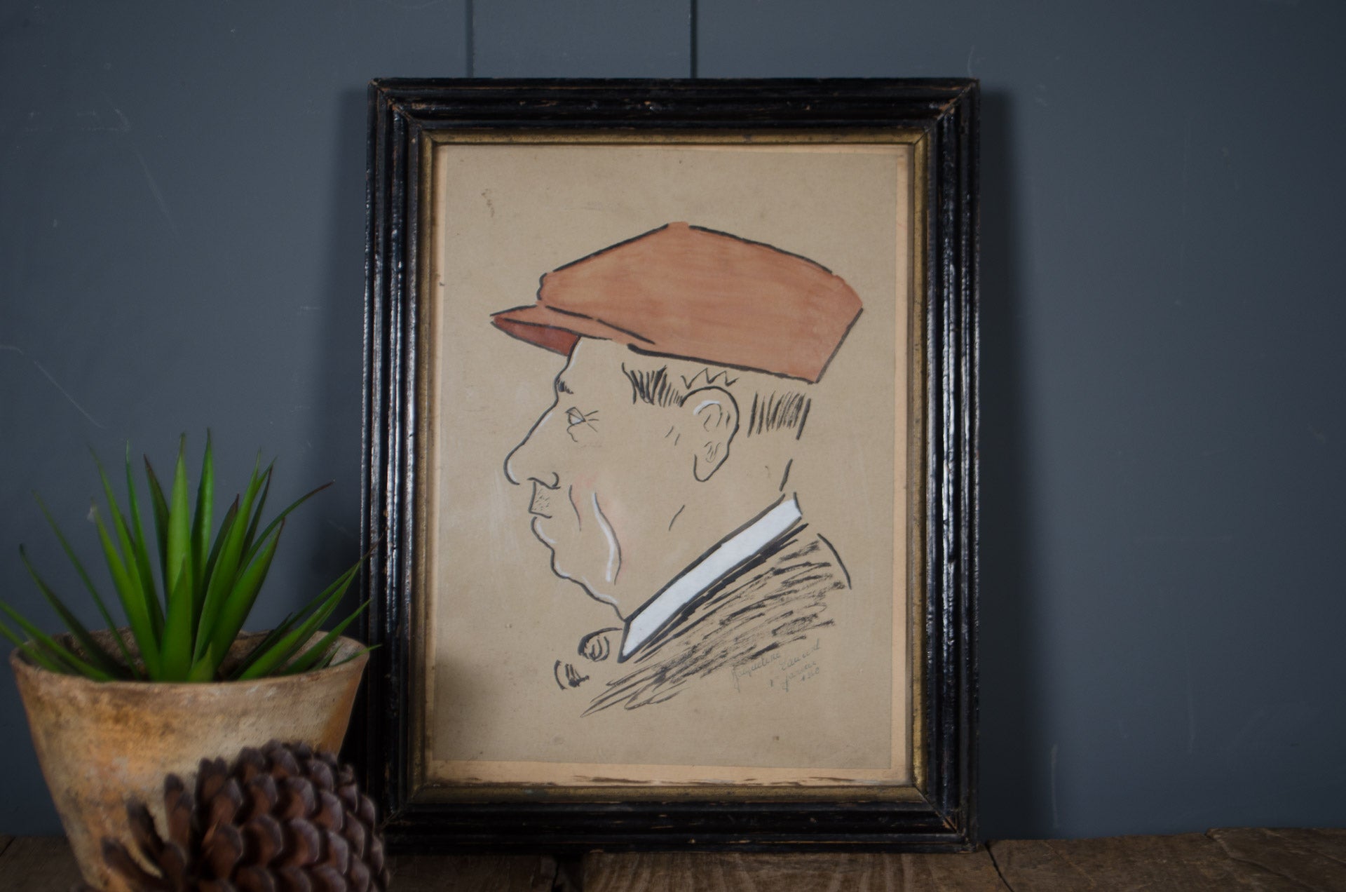 
Original French charcoal portrait dated 1960 in black gilt frame
