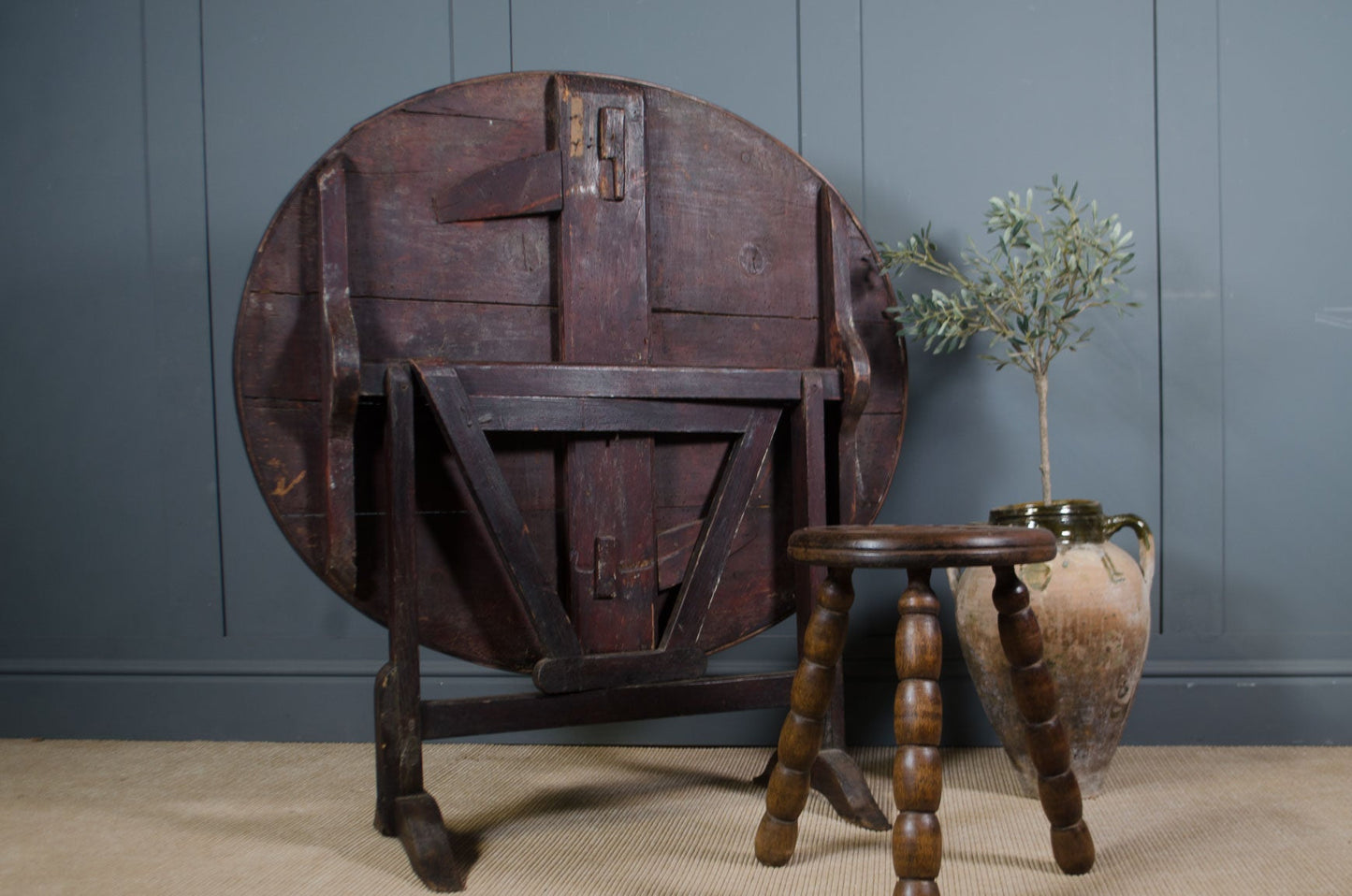 Rustic oak French wine table with traditional folding mechanism