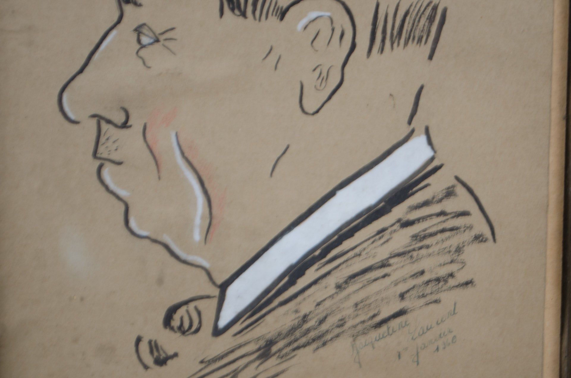 
A vintage caricature portrait drawing of a man's head in profile, rendered in black ink with light peach and white highlights on a tan paper background.