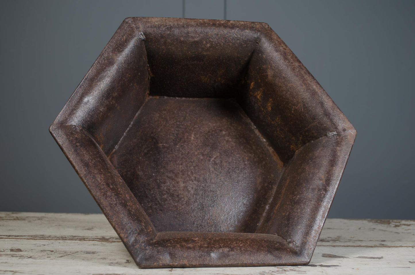 reclaimed iron pots, rustic iron planter, industrial style pots, square iron pot, hexagon iron pot, decorative iron containers, iron pots with ball feet, vintage metal storage pots, iron candle holder pot, farmhouse iron planter.