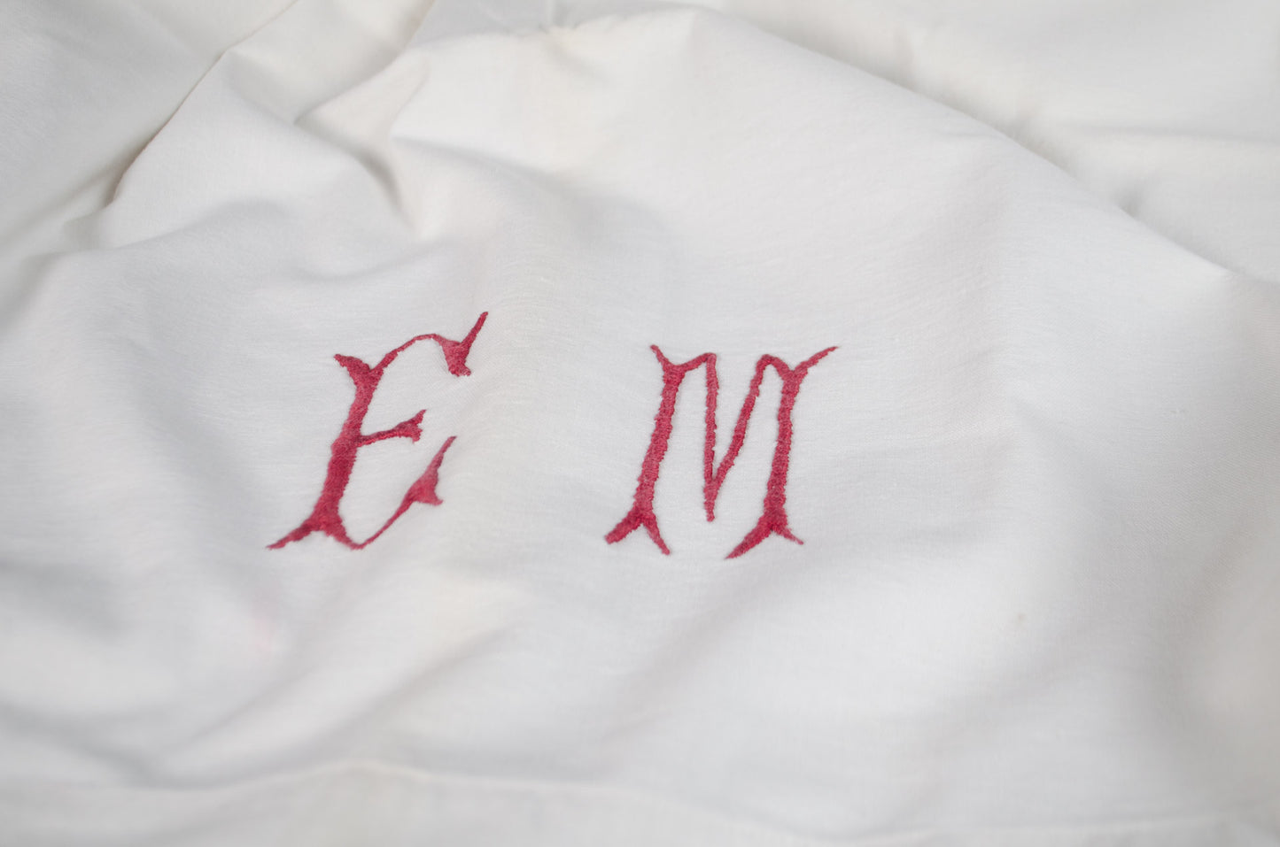 EM initial Red french linen tablecloth tea towel napkin embroidered