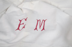 EM initial Red french linen tablecloth tea towel napkin embroidered 