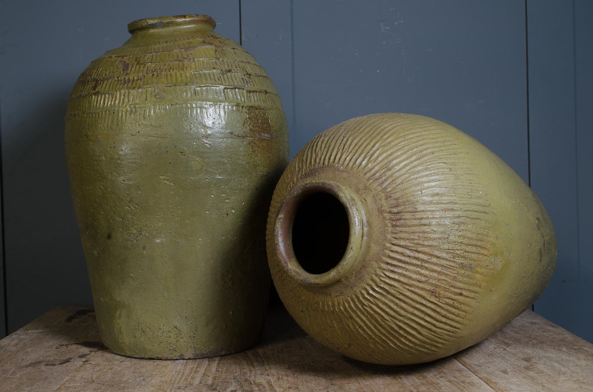 Olive Green Chinese Glazed Preserve Jars