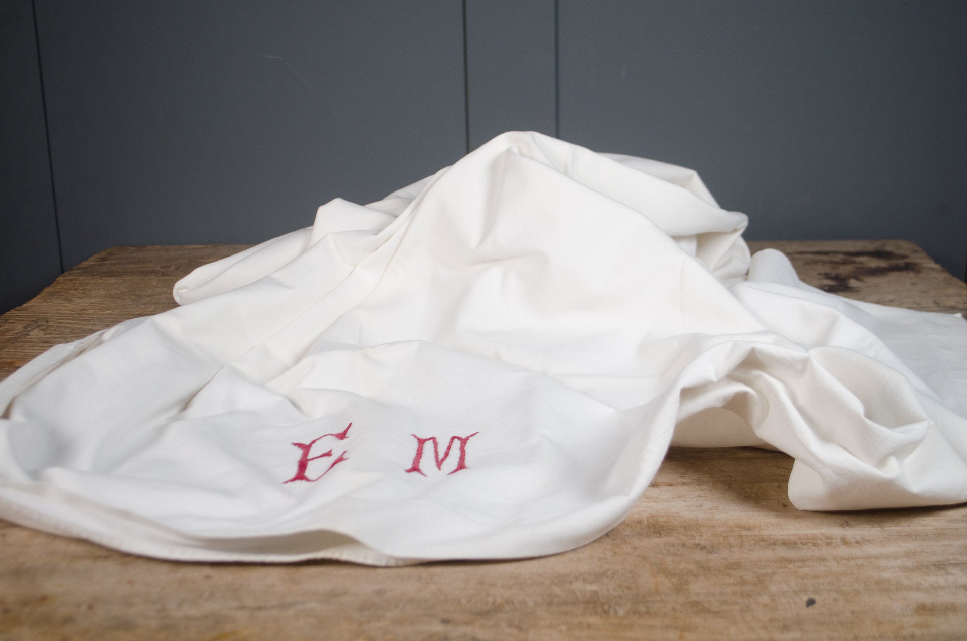 
EM initial Red french linen tablecloth tea towel napkin embroidered