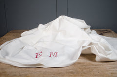 EM initial Red french linen tablecloth tea towel napkin embroidered 