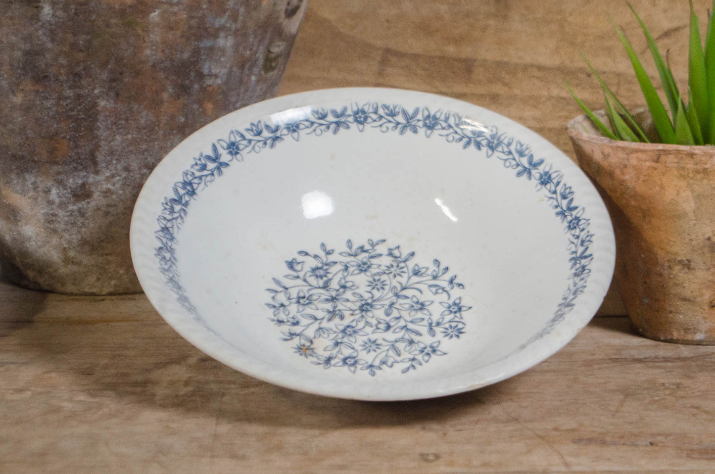 A white ceramic bowl with a blue floral pattern, displayed on a rustic wooden surface next to a potted succulent and a large textured vase.