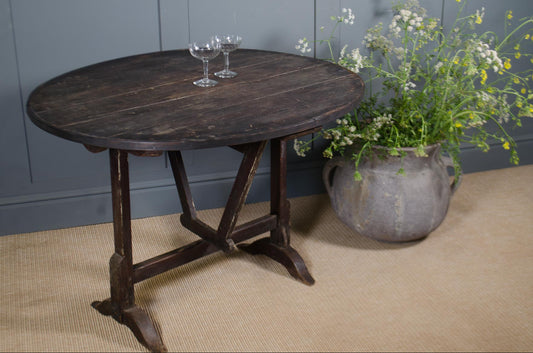 Original French vendange table with weathered oak patina