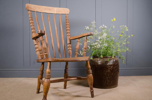 Antique pine carver chair with bobbin turned spindle back