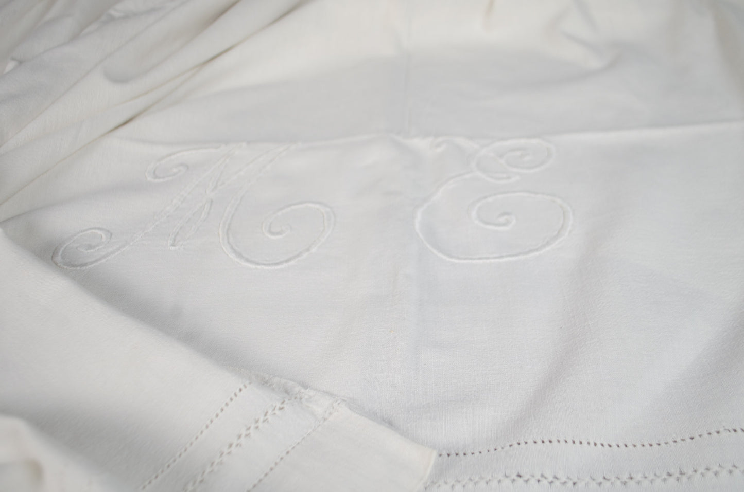 EM initial Red white french linen tablecloth tea towel napkin embroidered