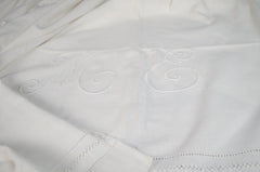 EM initial Red white french linen tablecloth tea towel napkin embroidered 