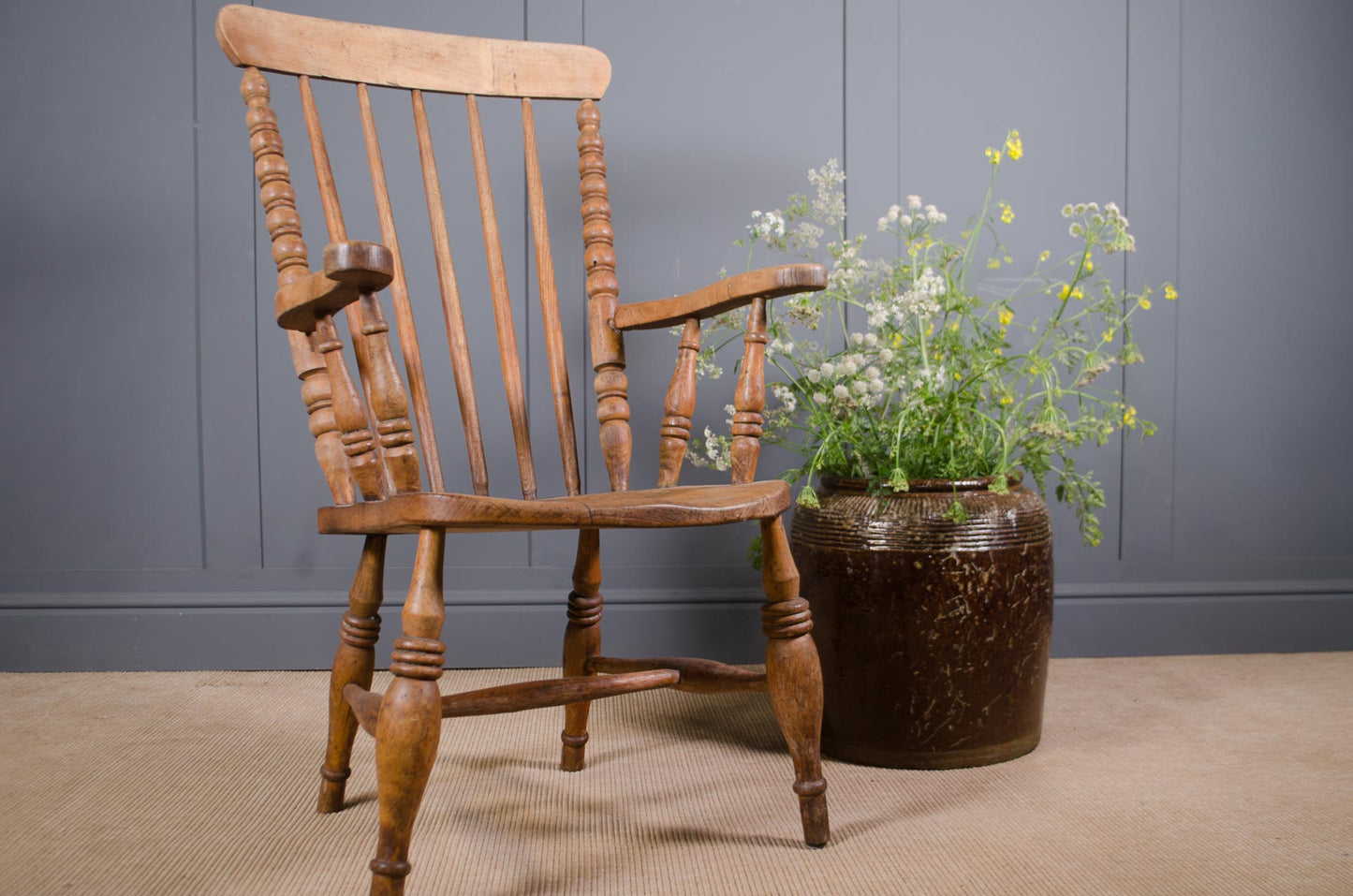 Antique pine carver chair with bobbin turned spindle back