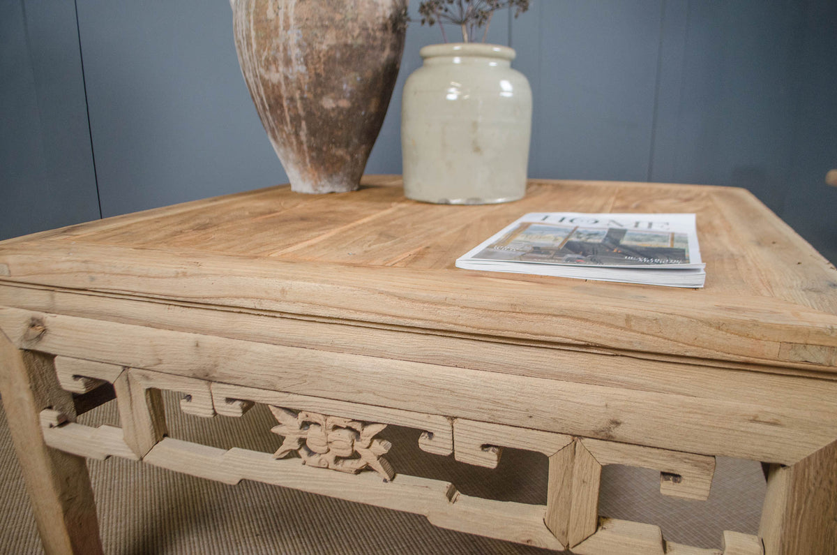 
Large Chinese Elm Coffee Table with Pierced Apron