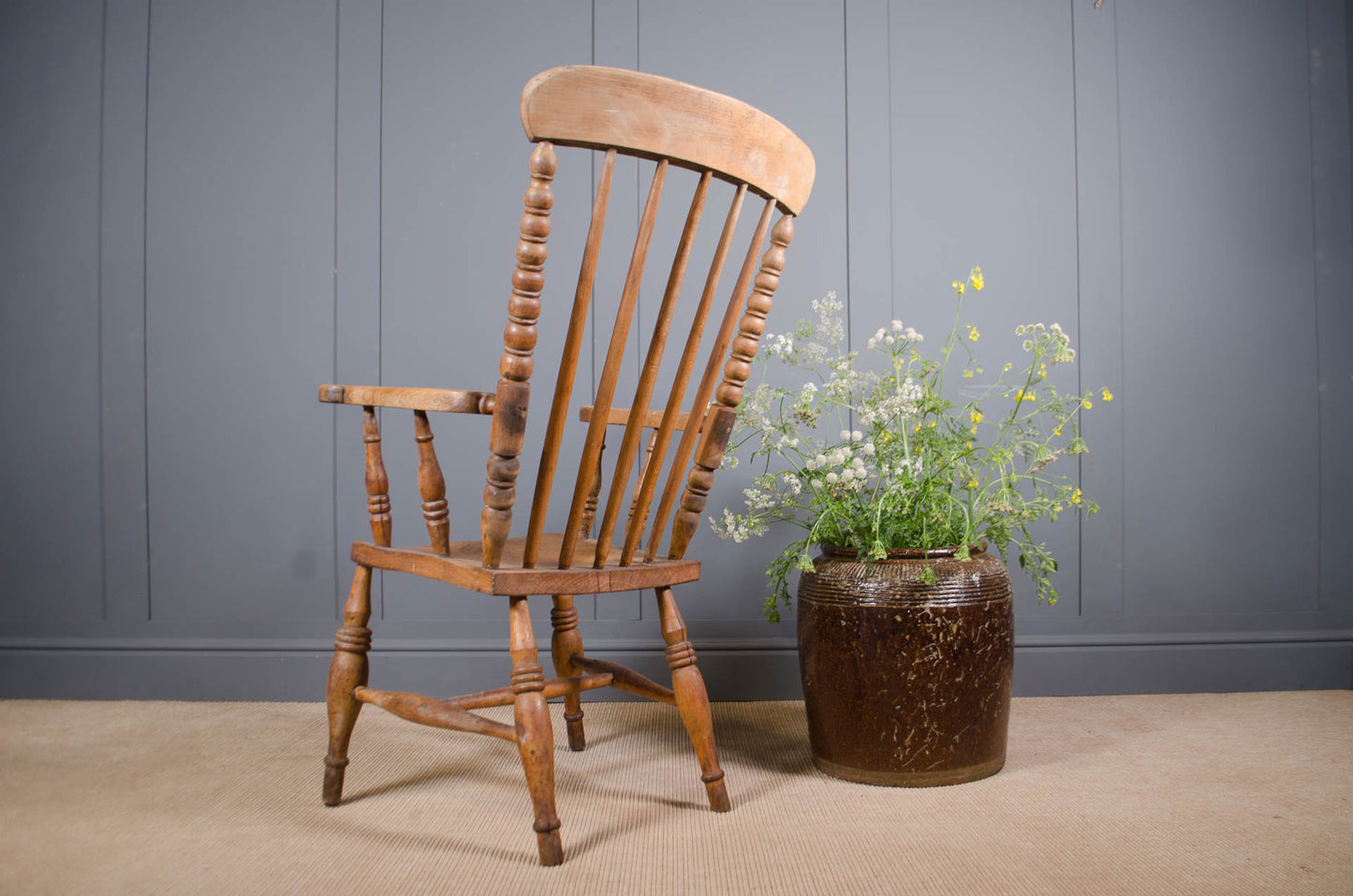 Antique pine carver chair with bobbin turned spindle back