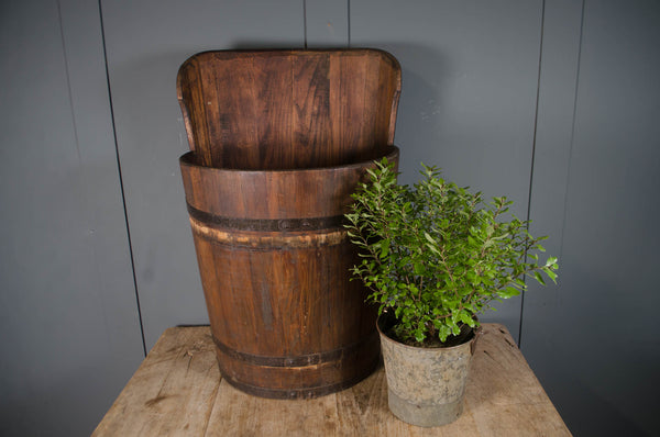 Authentic antique French grape picker’s bucket (hotte) from a vineyard harvest. Rustic wooden bucket ideal as a planter, log holder, or umbrella stand in farmhouse decor.