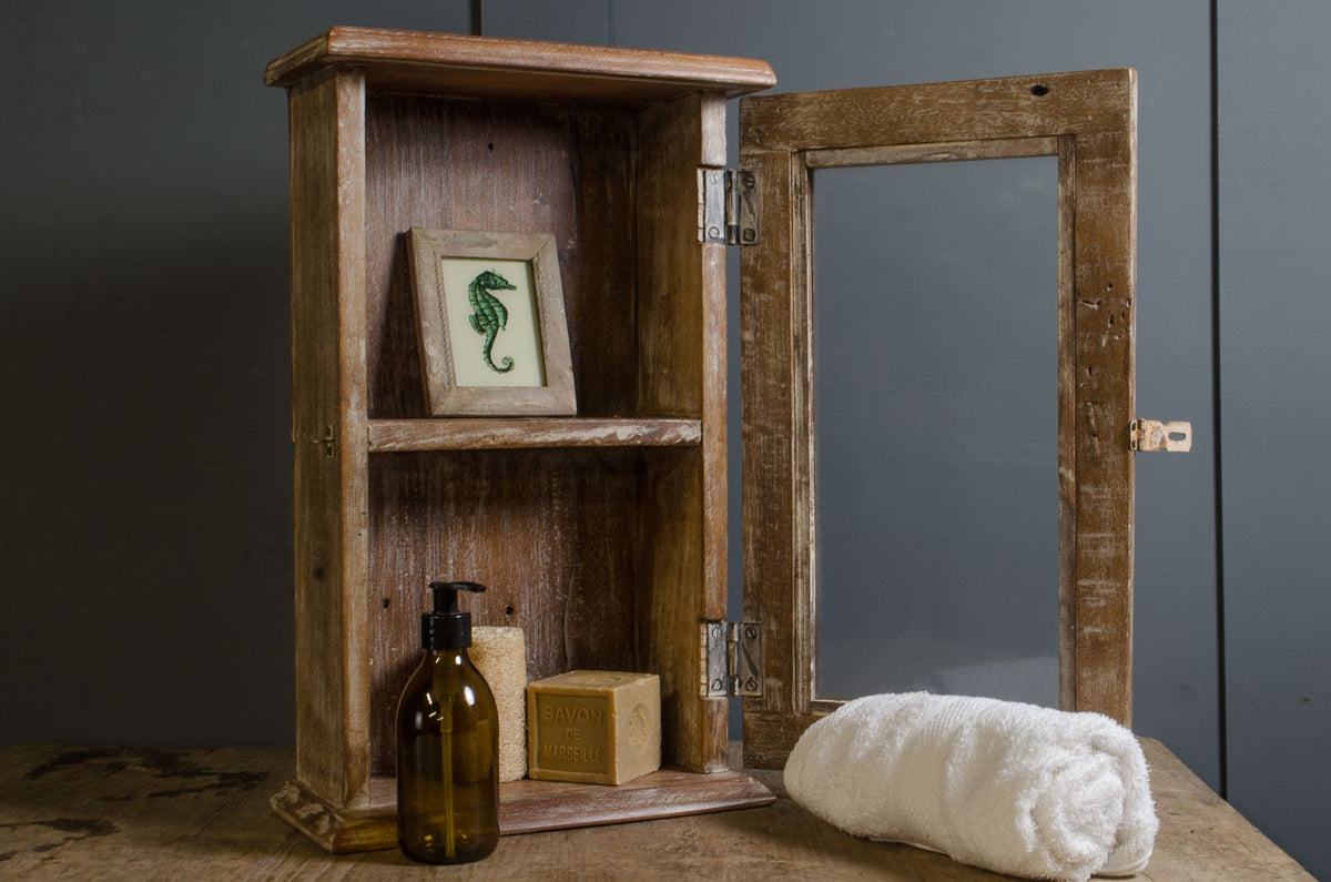 Reclaimed wooden wall cabinet with glazed glass door