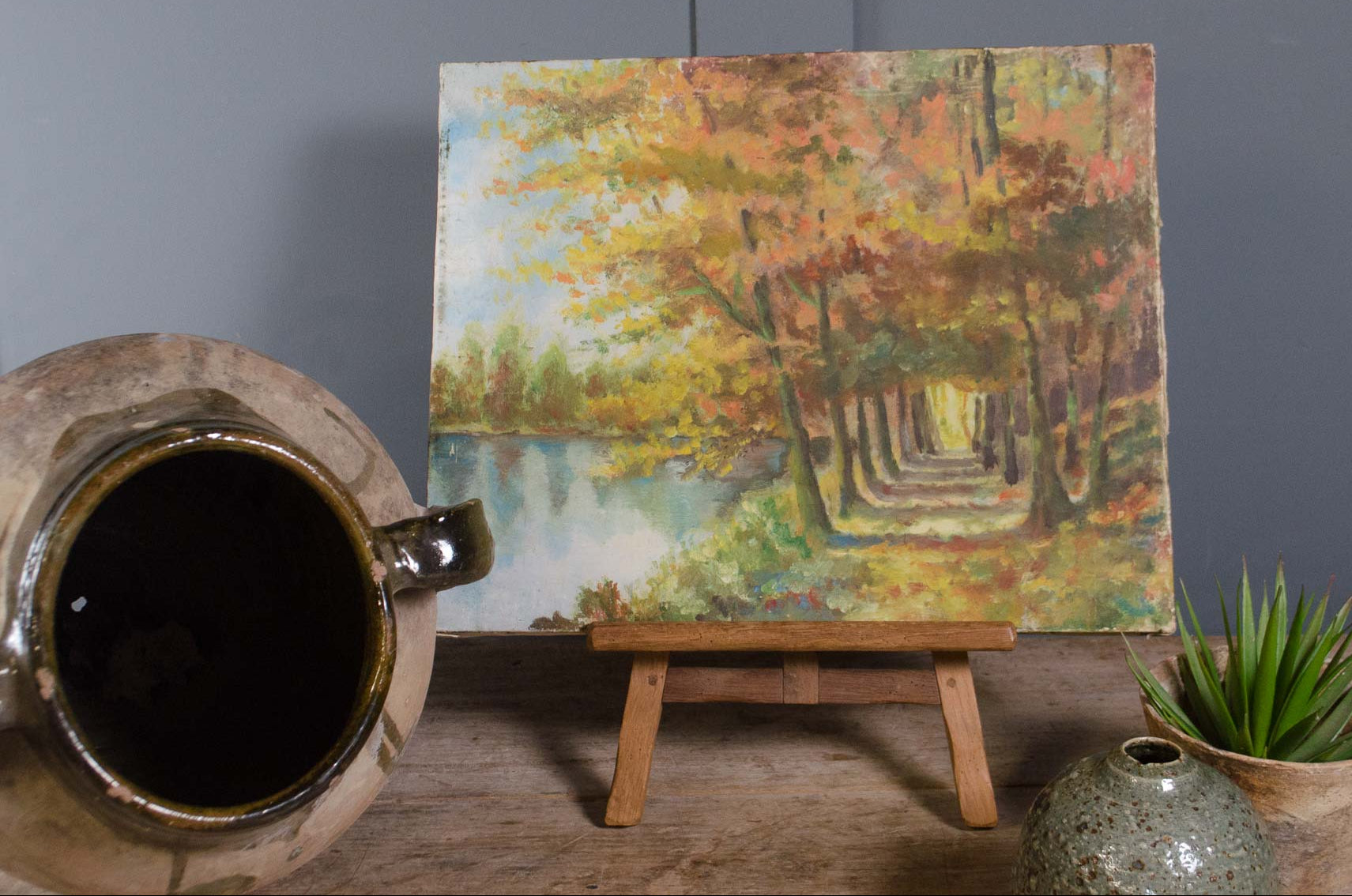 
Vintage French woodland oil painting on board