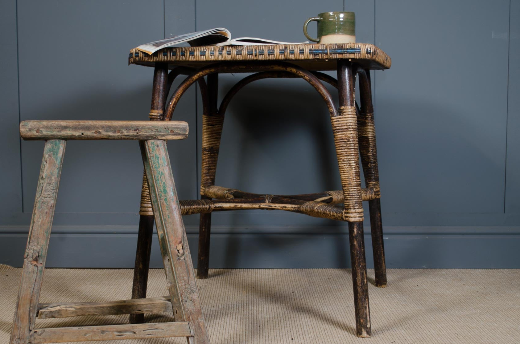 mid-century bamboo table, rustic square bistro table, bamboo side table, wooden plank top table, conservatory bistro table, vintage plant stand, summer room furniture, rustic lamp table, mid-century bamboo furniture, small bamboo accent table.