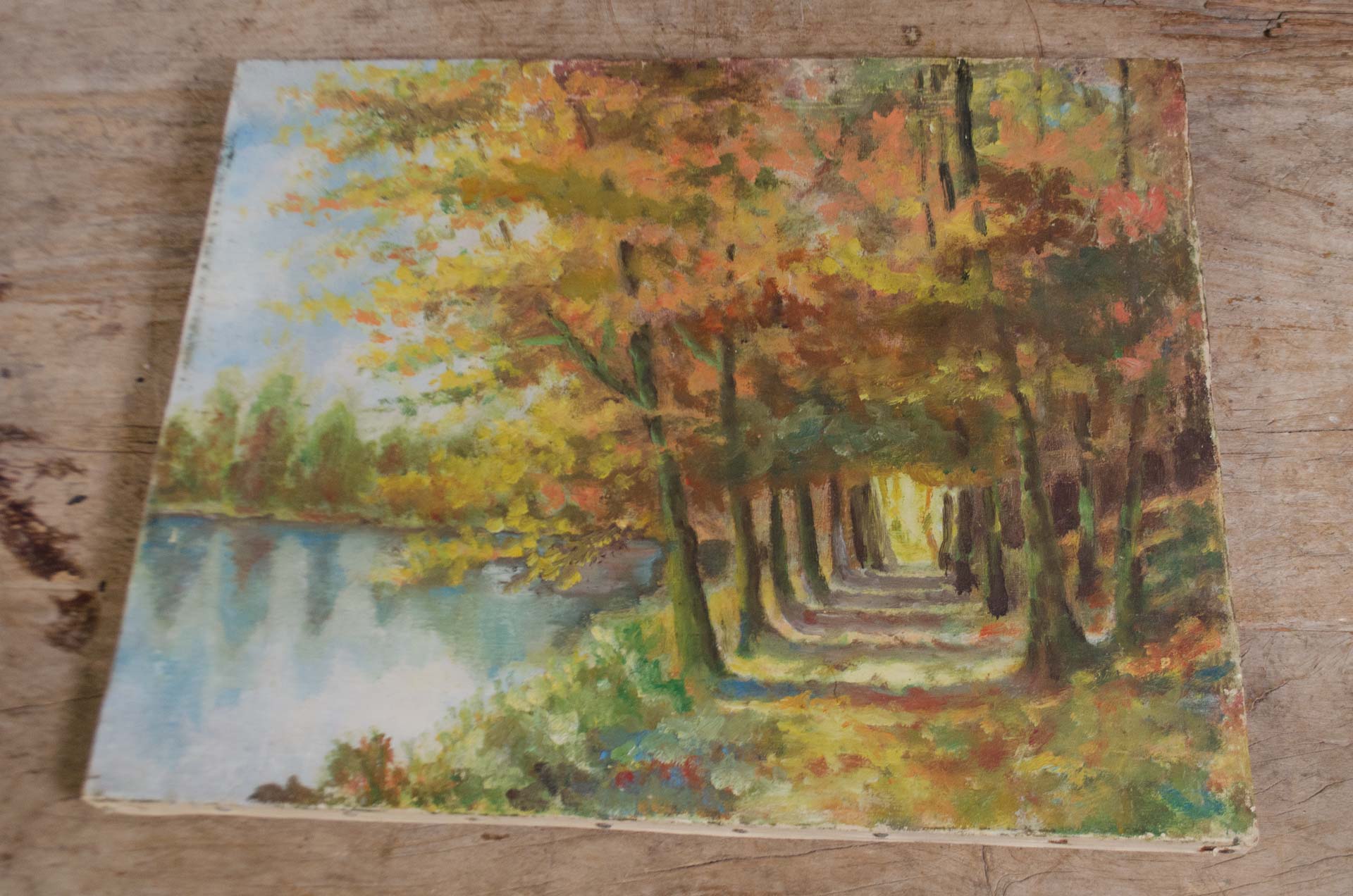 
Original French oil painting of tree lined path beside water