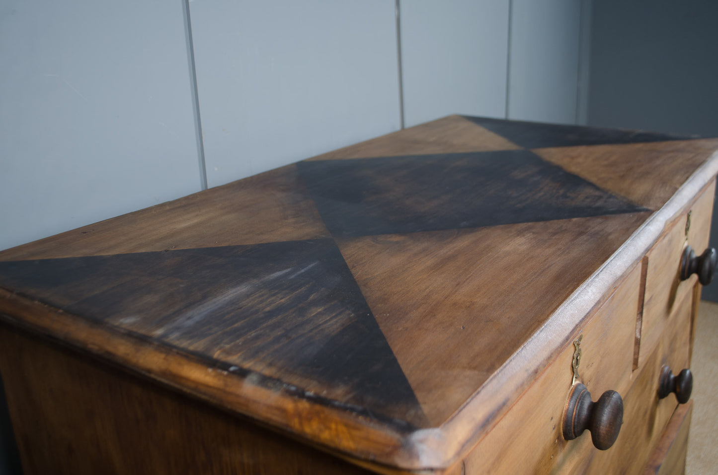 Restored Edwardian solid pine chest of drawers, distinctive shou sugi ban charred top.