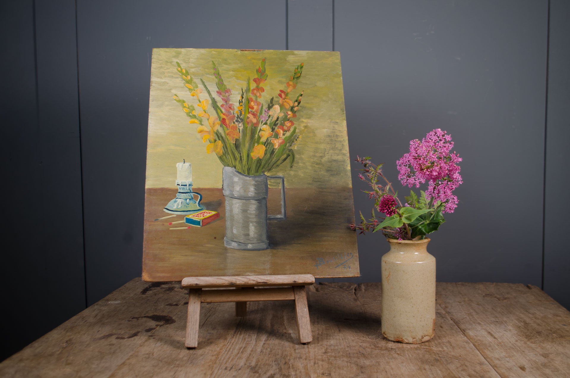 
Original French oil on board floral still life painting