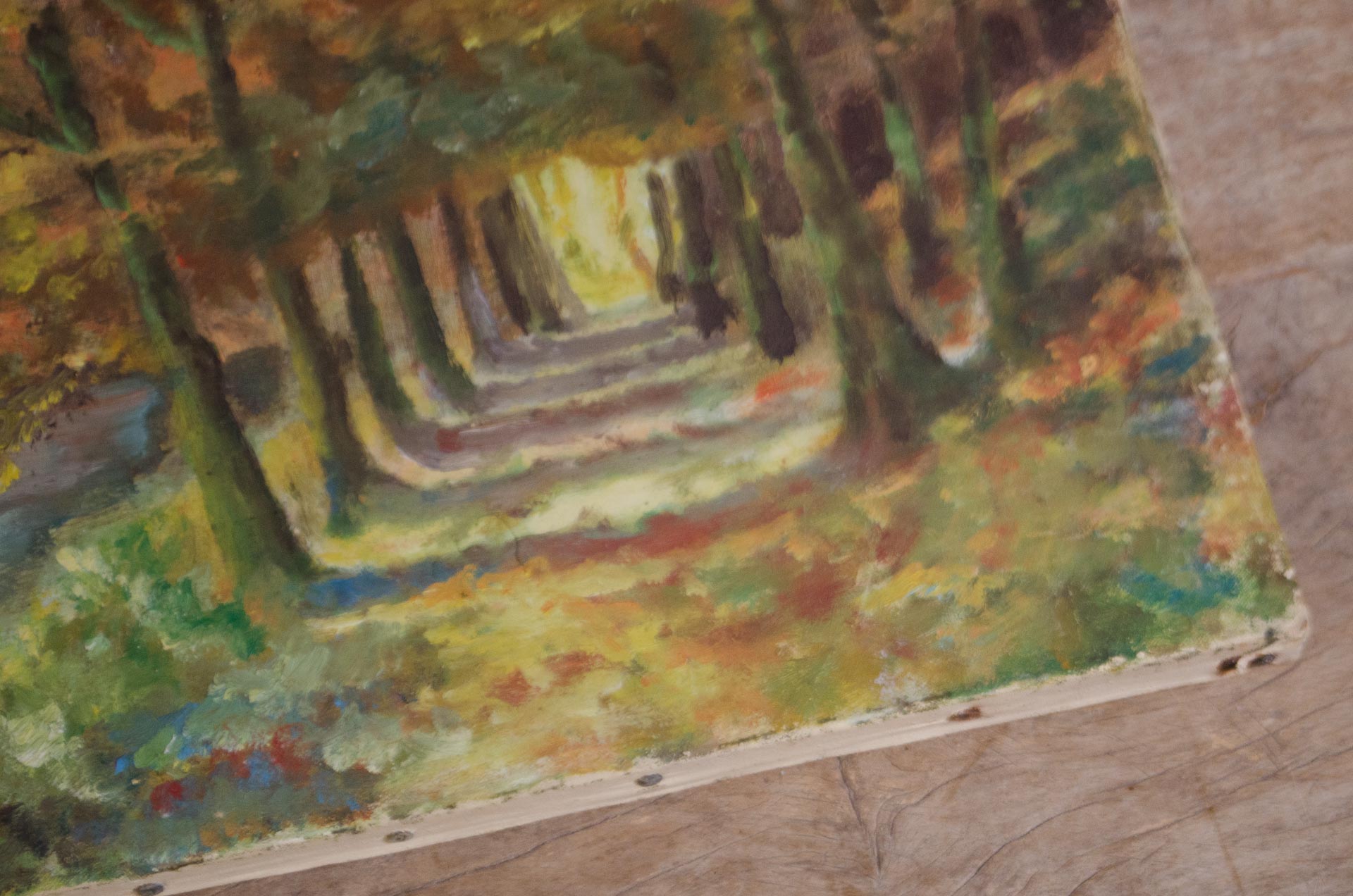 
Vintage oil painting with autumn trees and blue water