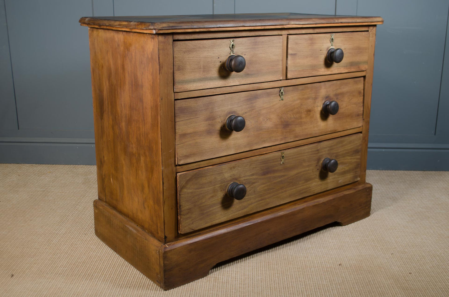 Restored Edwardian solid pine chest of drawers with diamond-pattern shou sugi ban charred top and ebonised handles