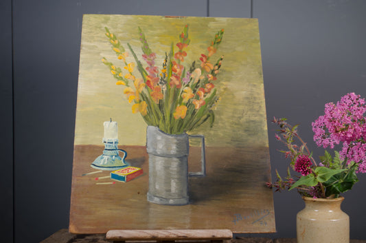 Hand-painted French still life artwork with candle and flowers